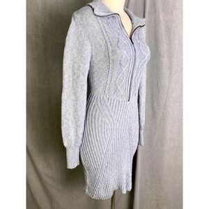 Free People Icy Blue Marled Cable Knit Sweater Dress Zip Collar Fitted L
